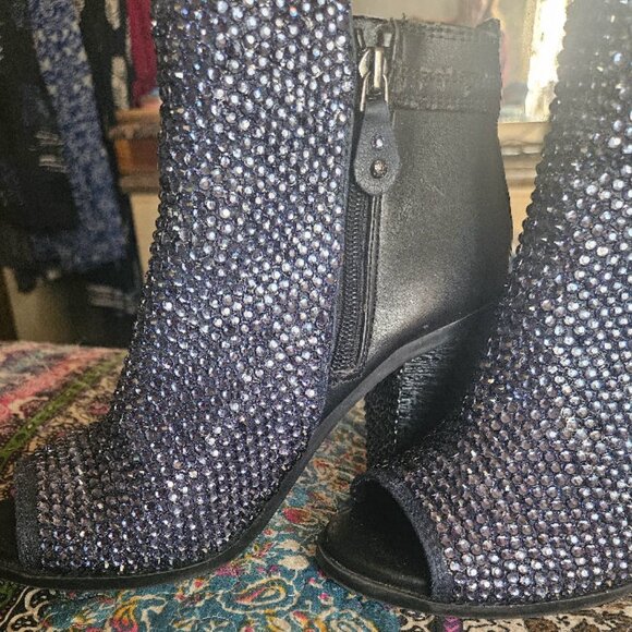 Gorgeous, Ink Blue, Sequined, Peep Toe, Ankle Boots - Picture 1 of 11